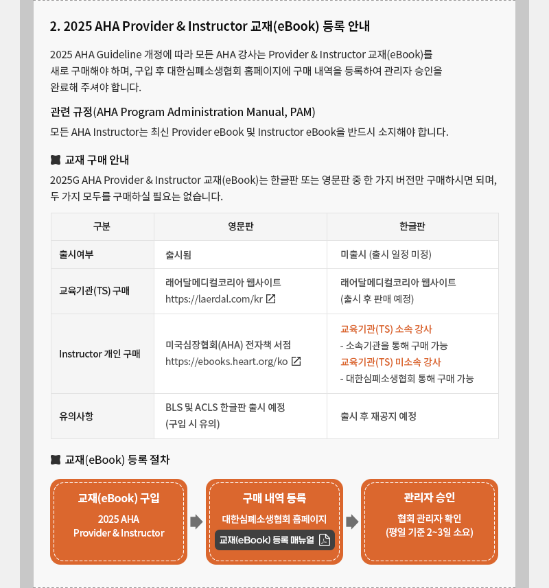 2025 AHA Instructor Update 온라인 과정 수강 및 AHA Provider&Instructor 교재(eBook) 구입 안내2